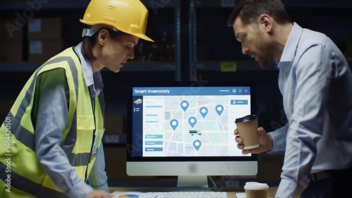 Warehouse Team Discussing Location Strategy with Map on Computer Screen Coffee Cups and Shelves in Background Industrial Supervision