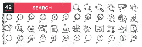 Set of line icons related to search, magnifying glass, research, zoom. Outline icons collection. Editable stroke. Vector illustration