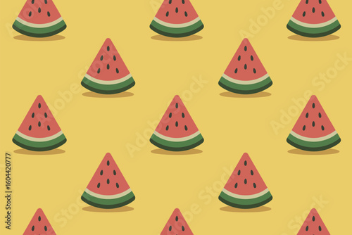 Repeating pattern of watermelon slices on a yellow background creating a summery and refreshing design