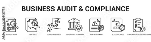 Business Audit and Compliance Modern and clean web banner illustration featuring thematic icons for visual communication