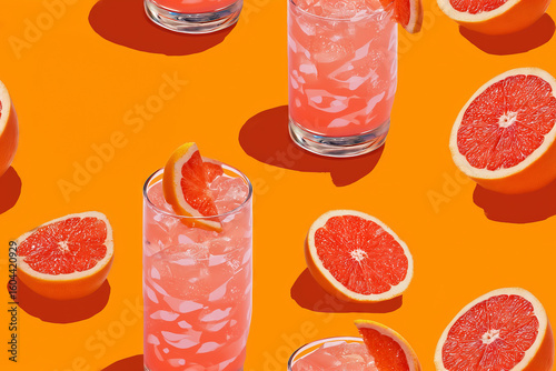Bright grapefruit paloma cocktails filled with ice sit atop a lively orange surface, surrounded by juicy grapefruit halves. A delightful summer drink scene bursting with flavor.