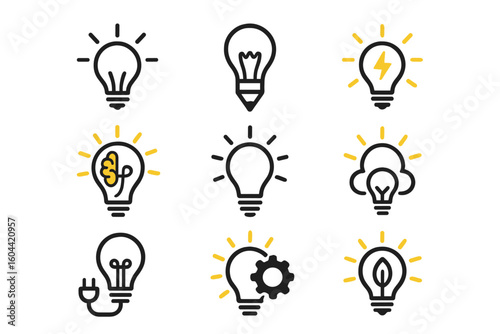 Light bulb icon set. Vector line symbols for creative idea, innovation, inspiration, and solution. Brainstorming, power, energy, and technology concepts illustration.