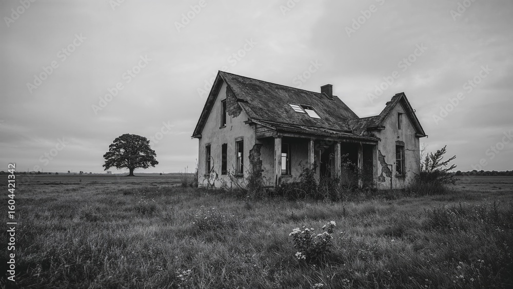 Obraz premium Black and white shot of a forsaken, collapsing house in a countryside setting