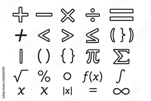Mathematical symbols icon set. Vector line art collection of math operations and functions for educational design. Algebra, calculus, and arithmetic concept illustration.