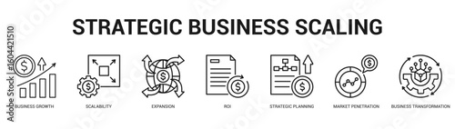 Strategic Business Scaling Modern and clean web banner illustration featuring thematic icons for visual communication