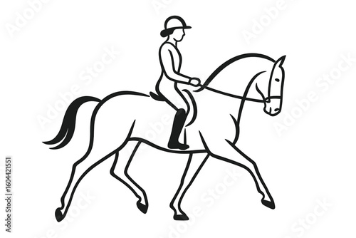 Equestrian sport elegant line art. Horse and rider in harmony. Dressage competition icon. Minimalist vector illustration for logo design or equine club symbol.