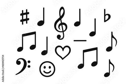 Hand-drawn musical notes and symbols icon set. Vector illustration of doodle music elements including treble clef, heart, and smiley face. Isolated sound and melody icons.