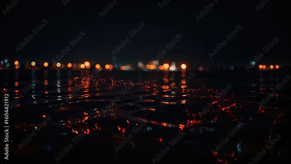 Fototapeta premium Blurred crimson and golden reflections on water at night