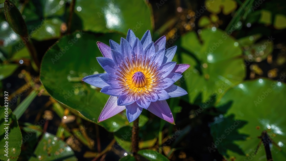 Water plant featuring blue flowers and vibrant green foliage on a lake Water plant featuring blue flowers and vibrant green foliage on a lake