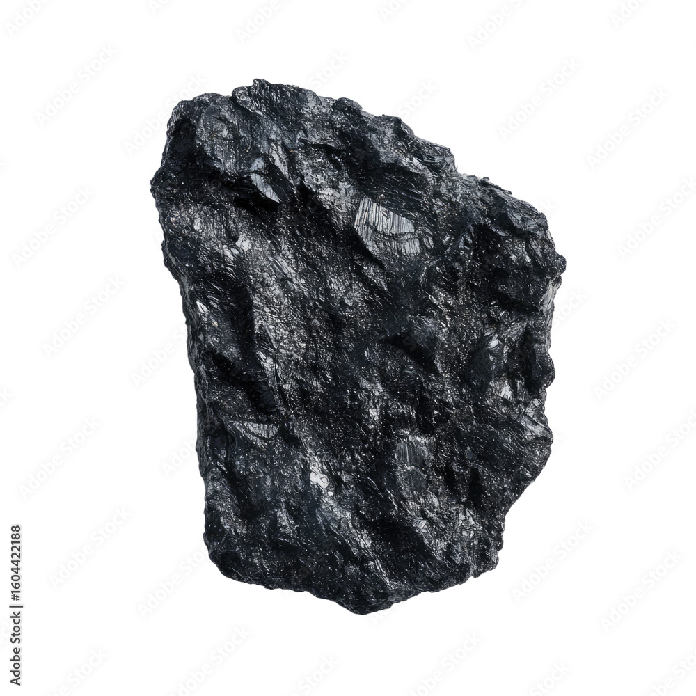 Fototapeta premium Black coal isolated on a white background, top view. A piece of dark black wood-burning charcoal with no shadow or reflections transparent, alpha background png