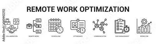 Remote Work Optimization Modern and clean web banner illustration featuring thematic icons for visual communication