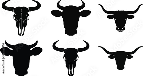 Bull and cow head silhouette vector set with skull and horn illustration collection isolated on white background for design and decoration.