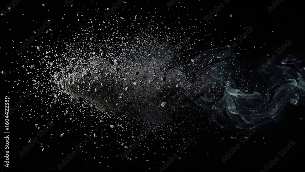 Obraz premium Debris and small stones swirling with dust and smoke against a dark backdrop.