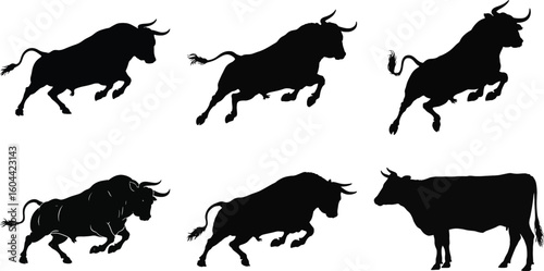 Bull and cow silhouette vector set with running bull and standing cow illustration collection isolated on white background for design and decoration.