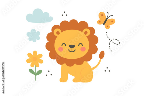 Cute lion cub cartoon character. Vector illustration for kids. Funny baby animal for nursery decor, baby shower invitation, or birthday card. Adorable smiling safari wildlife.