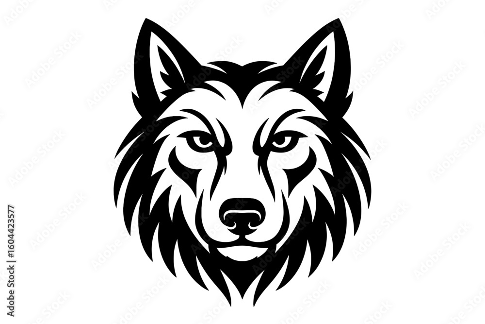 Naklejka premium Wolf head vector logo for sport mascot or tattoo. Fierce wild animal emblem. Black and white canine predator illustration. Isolated wildlife symbol for graphic design projects.