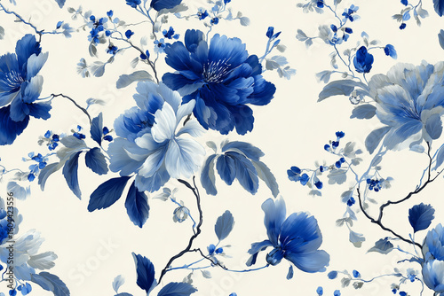 Floral pattern displays blue blossoms. Use for wallpaper, textiles, backgrounds, and web design. Elegant, artistic style.