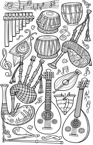 A detailed illustration of various musical instruments from around the world, presented in a black and white artistic style