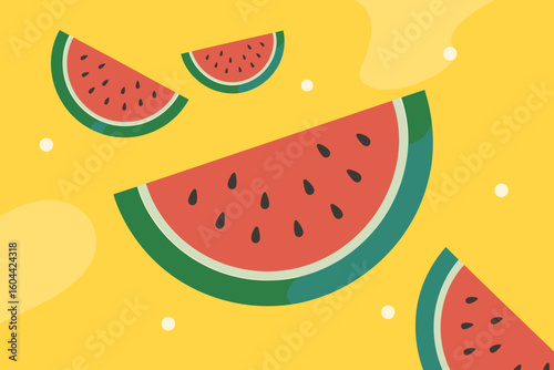 Bright yellow background with sliced watermelons and bubbles
