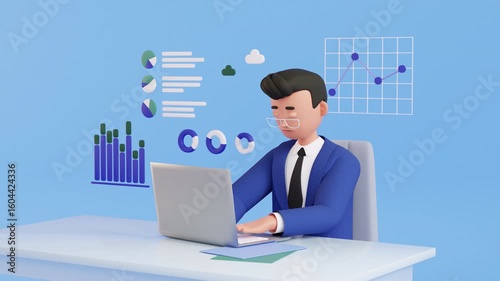Businessman character works at computer 3d animation. Financial graphs and charts, business. Accounting, analysis, audit, research. infographics. Finance statistics. office worker, manager, clerk