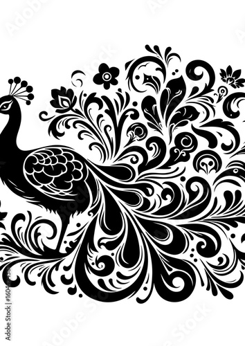 Intricate black and white peacock design with floral patterns
