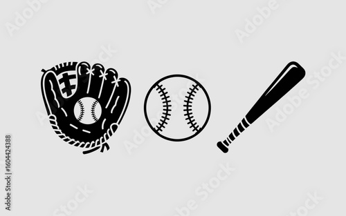 Baseball equipment icons glove ball and bat