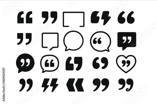 Quote mark icon vector set. Quotation marks collection. Creative designs and symbols for typography. Diverse quotation styles and punctuation elements for speech or citation.