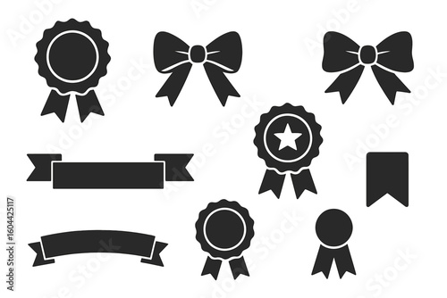Award ribbon vector icon set. Black silhouette badge, bow, and banner collection. Winner prize medal, quality star label, and rosette. Isolated graphic elements for design.
