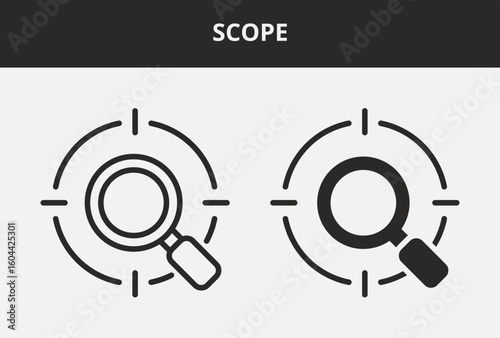 Scope Icon Set Double Style Collection. Contains Outline and Glyph Style Icons. Scope Outline and Glyph Style Icon Collections