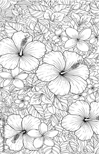 Wallpaper Mural Intricate black and white line drawing of tropical hibiscus flowers and lush foliage, creating a detailed floral pattern Torontodigital.ca
