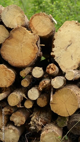 Pile of felled trees or logs in a forest, pan panning vertical video