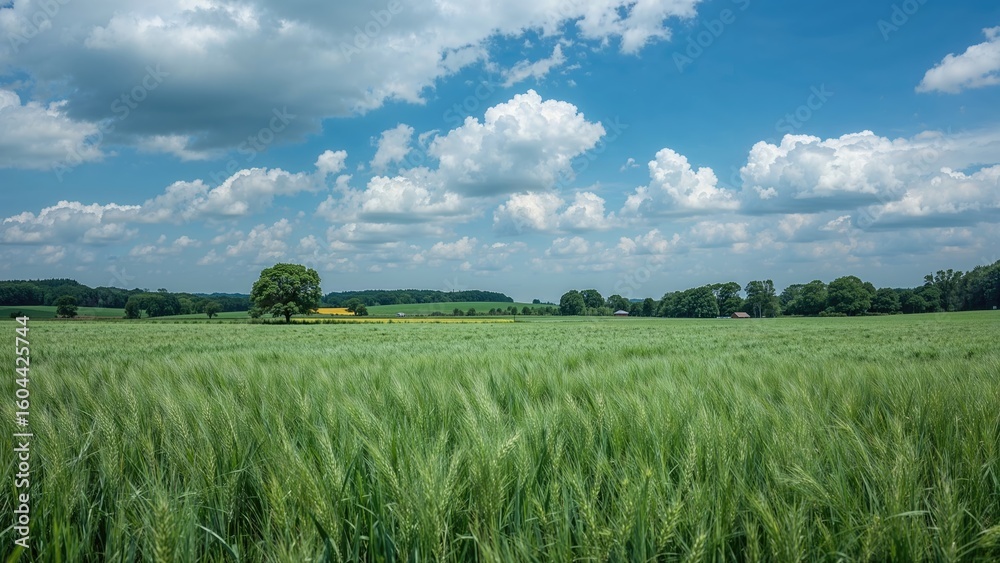 Fototapeta premium Serene summer landscape showcasing green fields, trees, and wheat