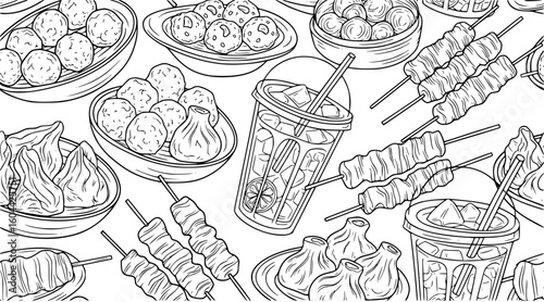 Closeup view of various asian street food items like dumplings, skewers, and drinks in a handdrawn doodle art style