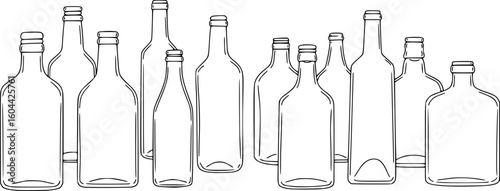 a collection of various shaped clear glass bottles, minimalistic black outline drawing, white background, simple design

