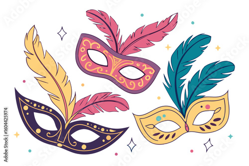 Collection of colorful masquerade party masks adorned with feathers and glitter, flat vector illustration perfect for festive celebrations, costume parties, and carnival themes