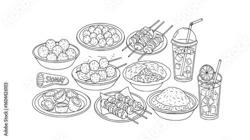 A delightful sketch of assorted asian street food and refreshing drinks, isolated on a clean white background