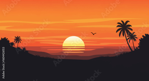Serene Silhouette: Tranquil Tropical Seascape with Majestic Sunset and Palm Trees