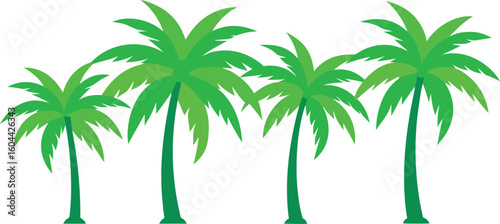 Four vibrant green palm trees with distinctive fronds isolated on a white background