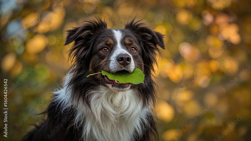 Fototapeta premium Radiant Border Collie Clutching a Leaf
