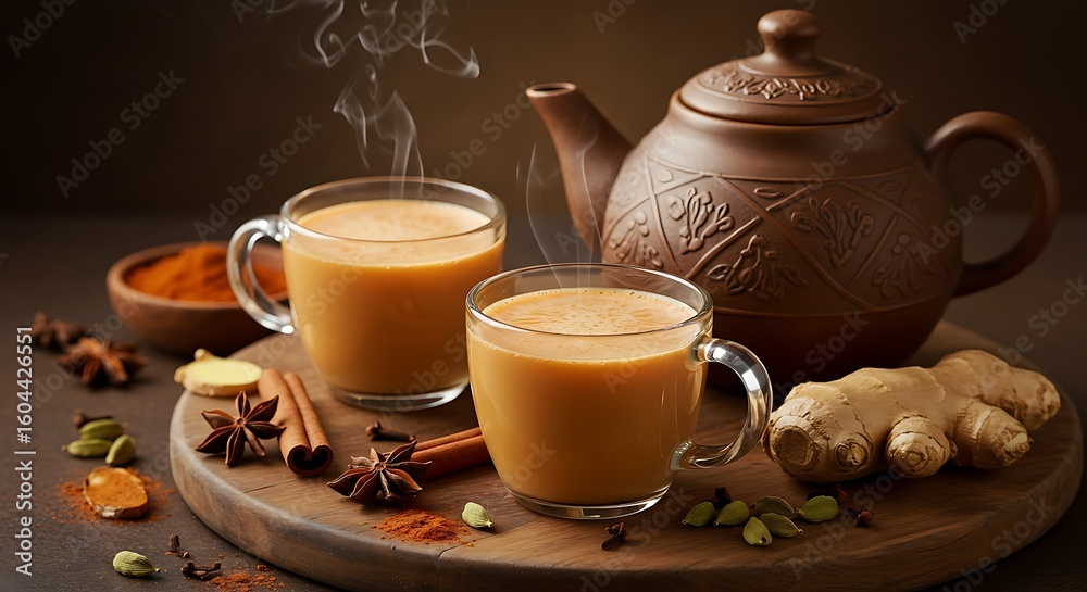 Fototapeta premium Steaming Brown Chai Tea with Spices on Wooden Board