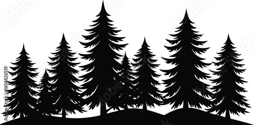 A striking silhouette of a dense forest filled with tall pine trees against a white background
