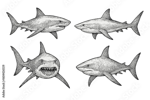 Shark sketch vector set. Hand drawn great white shark illustration. Marine predator line art. Ocean wildlife drawing. Aquatic animal with open mouth and teeth. Doodle icon.