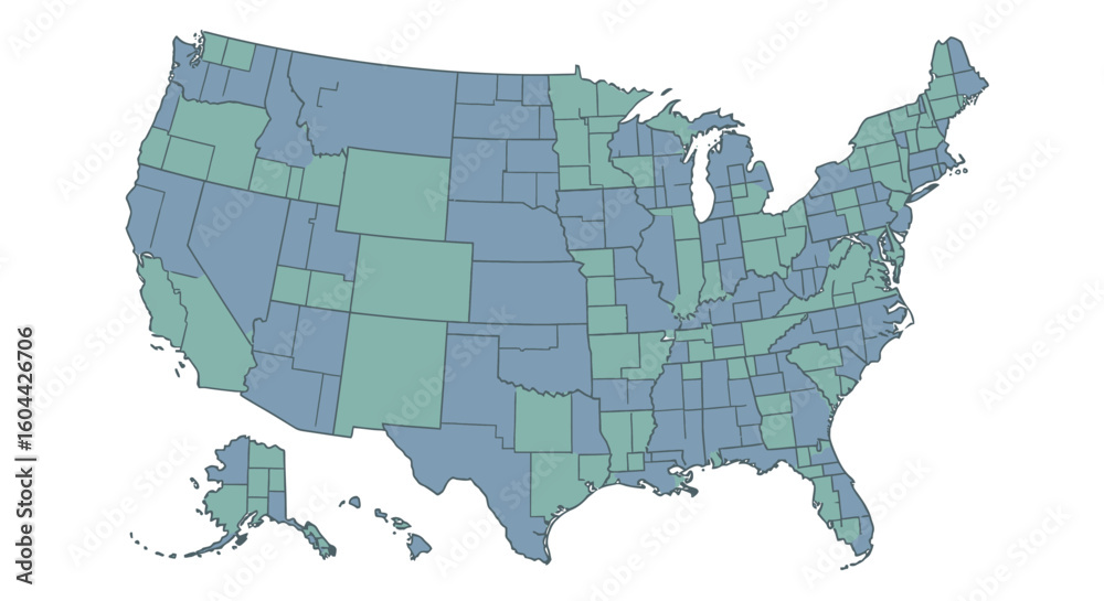 Fototapeta premium Abstract United States Map Illustrating Geographic Data in Blue and Green Tones Displaying State Boundaries and Regional Demarcations Across the