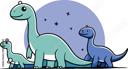 Three Cute Cartoon Dinosaurs Walking Together Under the Stars