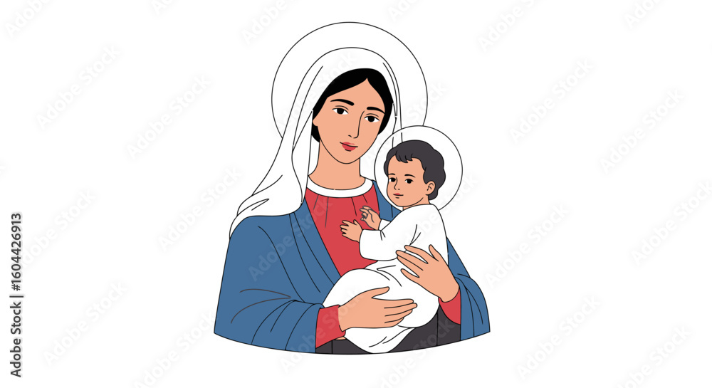 Fototapeta premium Iconographic Depiction of the Virgin Mother Holding the Infant Child with Stylized Haloes, Illustration150 characters