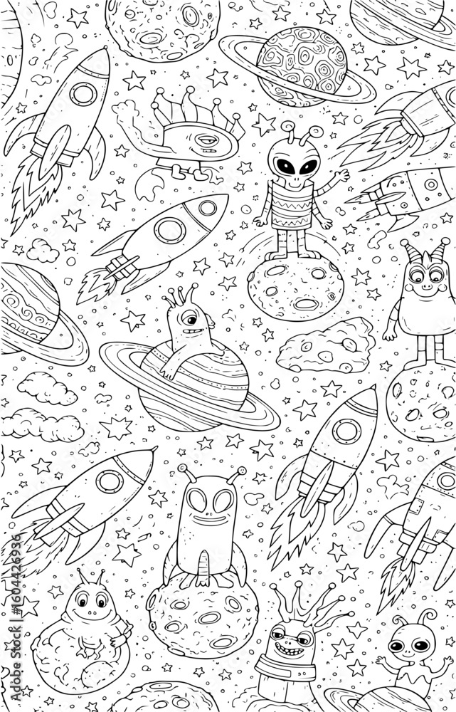 Fototapeta premium Playful cosmic adventure with aliens, rockets, and planets in a doodle art style