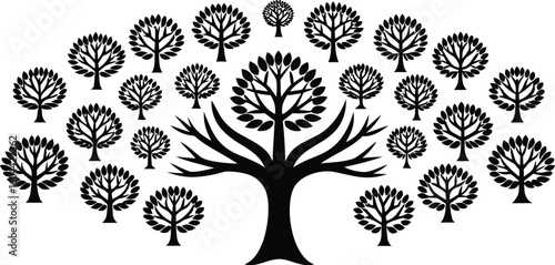 Black silhouette of a large tree surrounded by many smaller trees in a semicircle