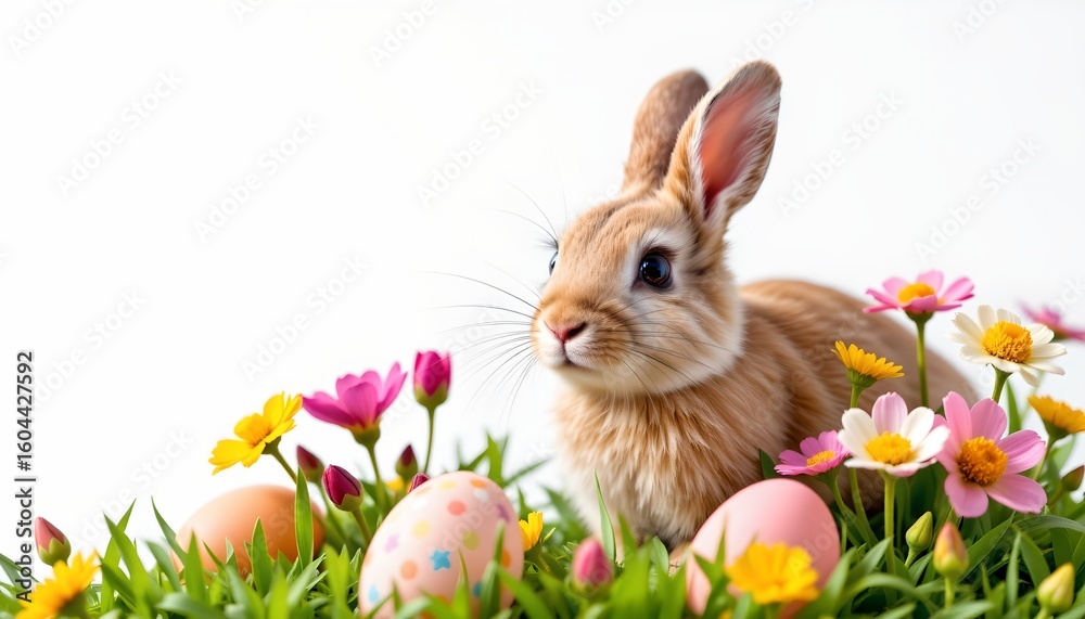 Obraz premium there is an adorable bunny standing amidst a vibrant array of colorful easter eggs and flowers