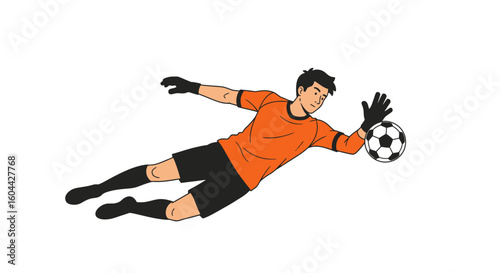 Goalie's Gravity-Defying Save: An Animated Illustration of a Football Goalkeeper in Action with Intense Focus and Athletic Prowess