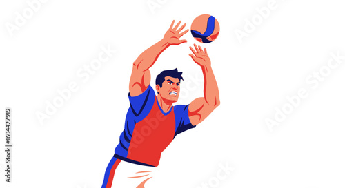Dynamic volleyball player spiking ball overhead in a match illustration artwork displaying energy, skill, determination and athletic prowess during